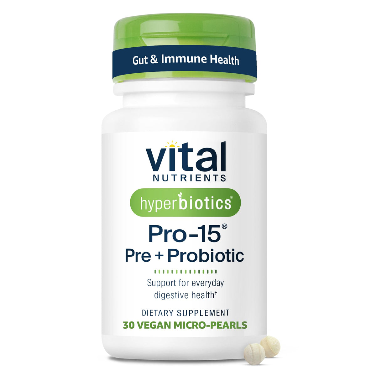 Hyperbiotics envase frontal mostrando diseño y beneficio de una toma diaria