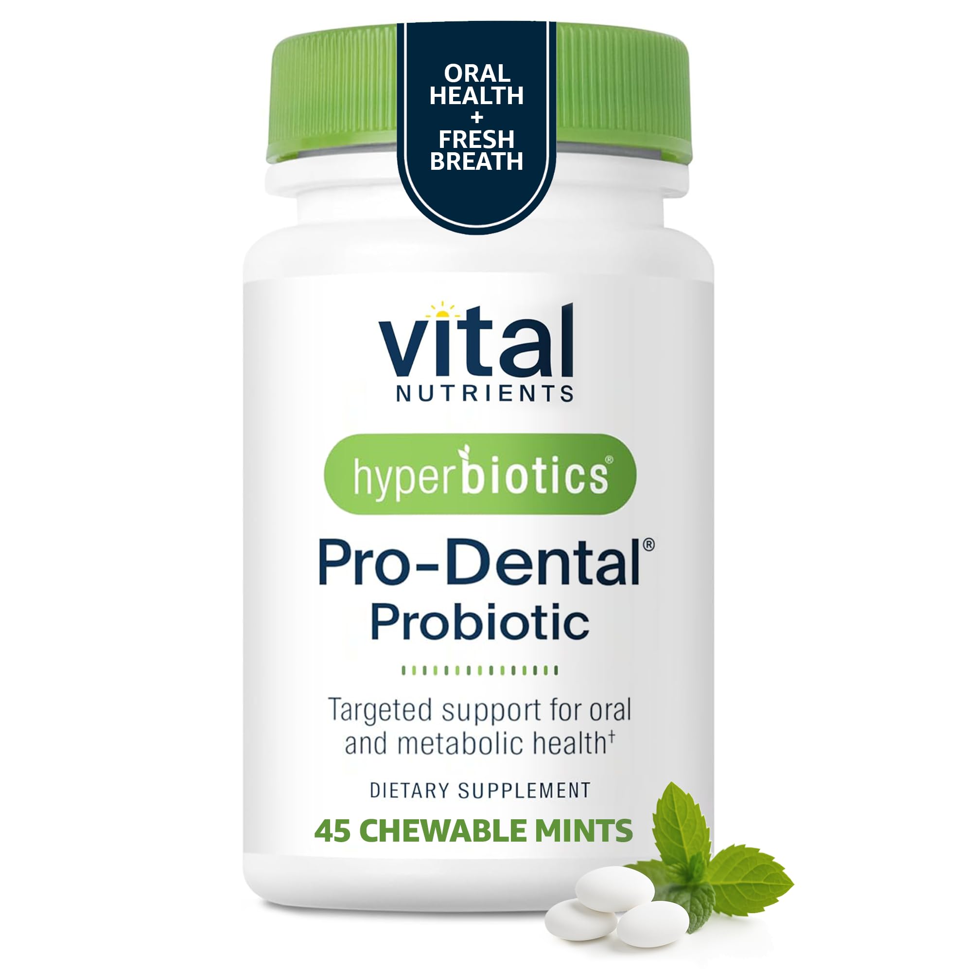Hyperbiotics envase frontal mostrando 45 tabletas y beneficios visuales
