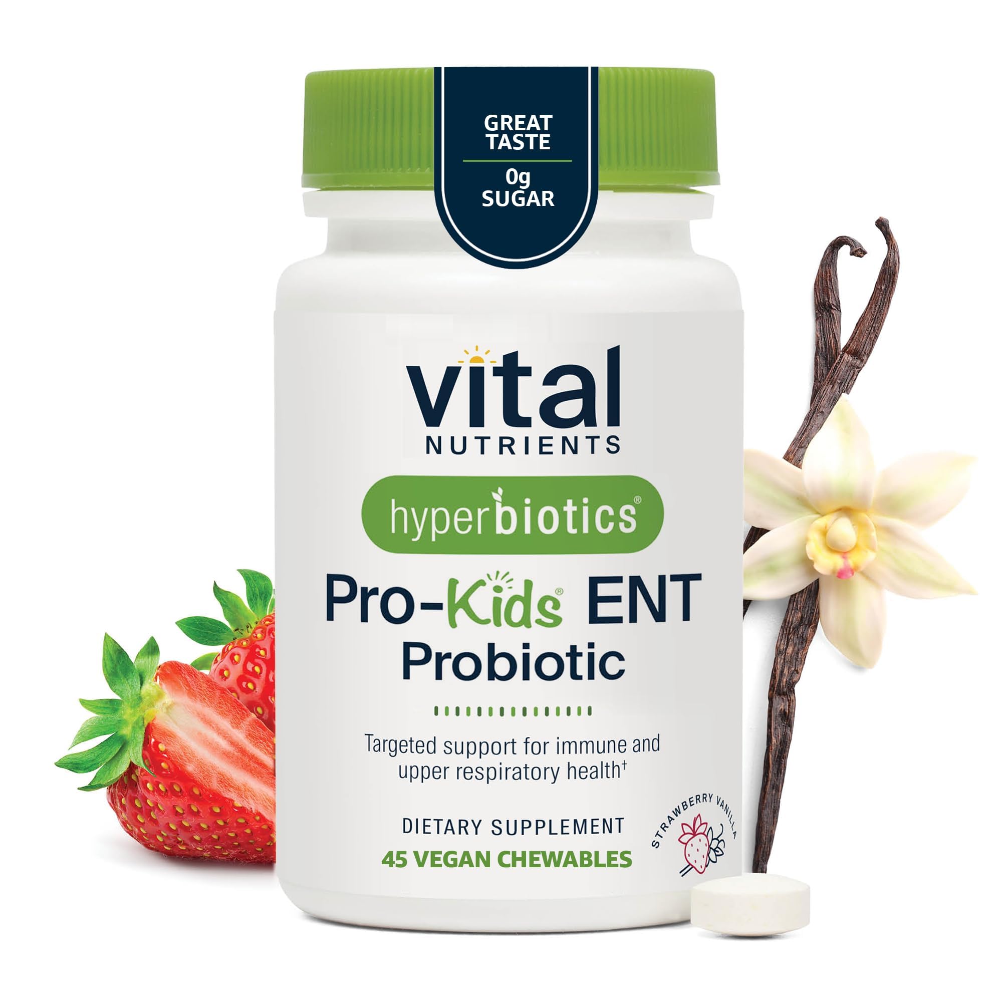 Hyperbiotics envase frontal mostrando diseño y sabor fresa vainilla, fácil identificación