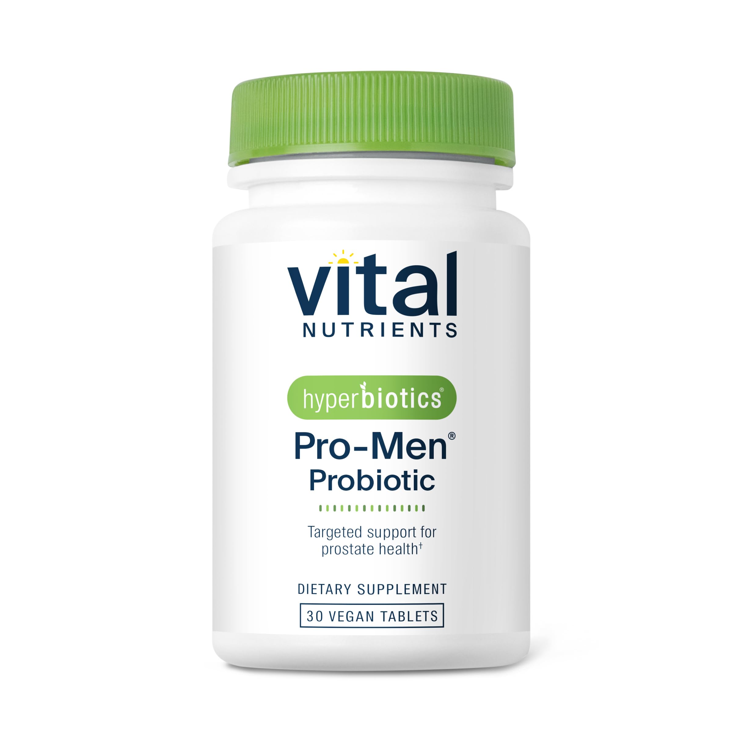 Hyperbiotics frasco frontal mostrando diseño y tabletas, conveniencia diaria