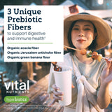 Hyperbiotics cucharada comparada con fruta para mostrar porción