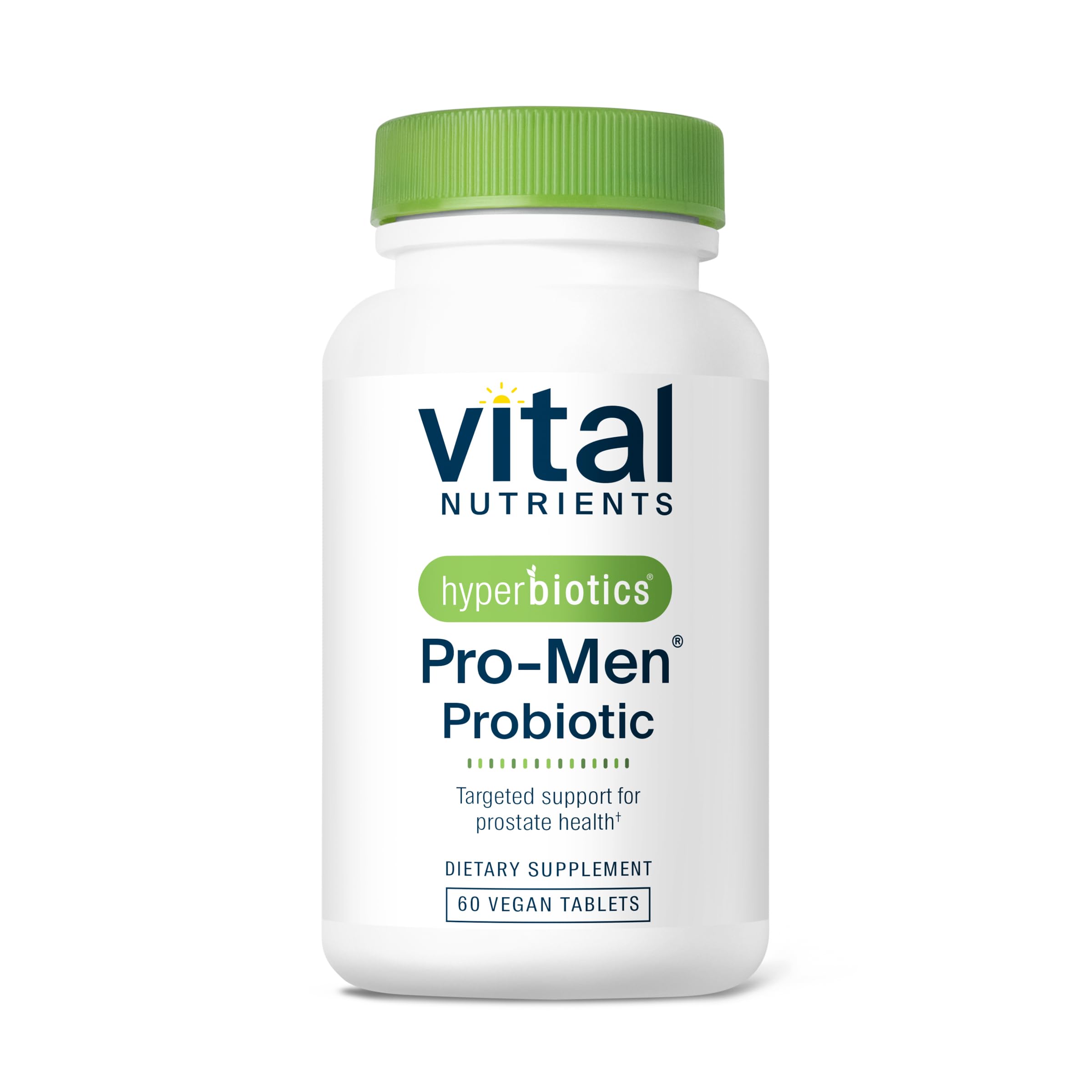 Hyperbiotics vista frontal del envase mostrando el producto y beneficios