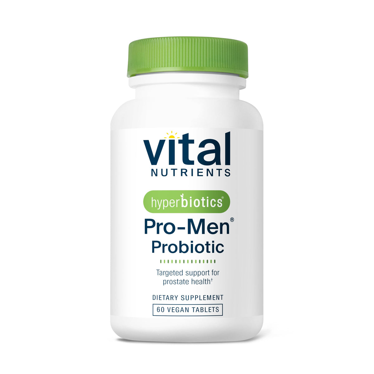 Hyperbiotics vista frontal del envase mostrando el producto y beneficios