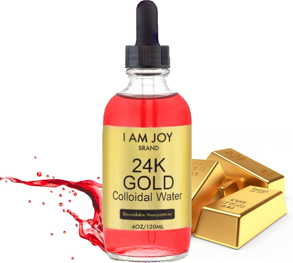 I Am Joy co. botella frontal mostrando oro coloidal y pureza