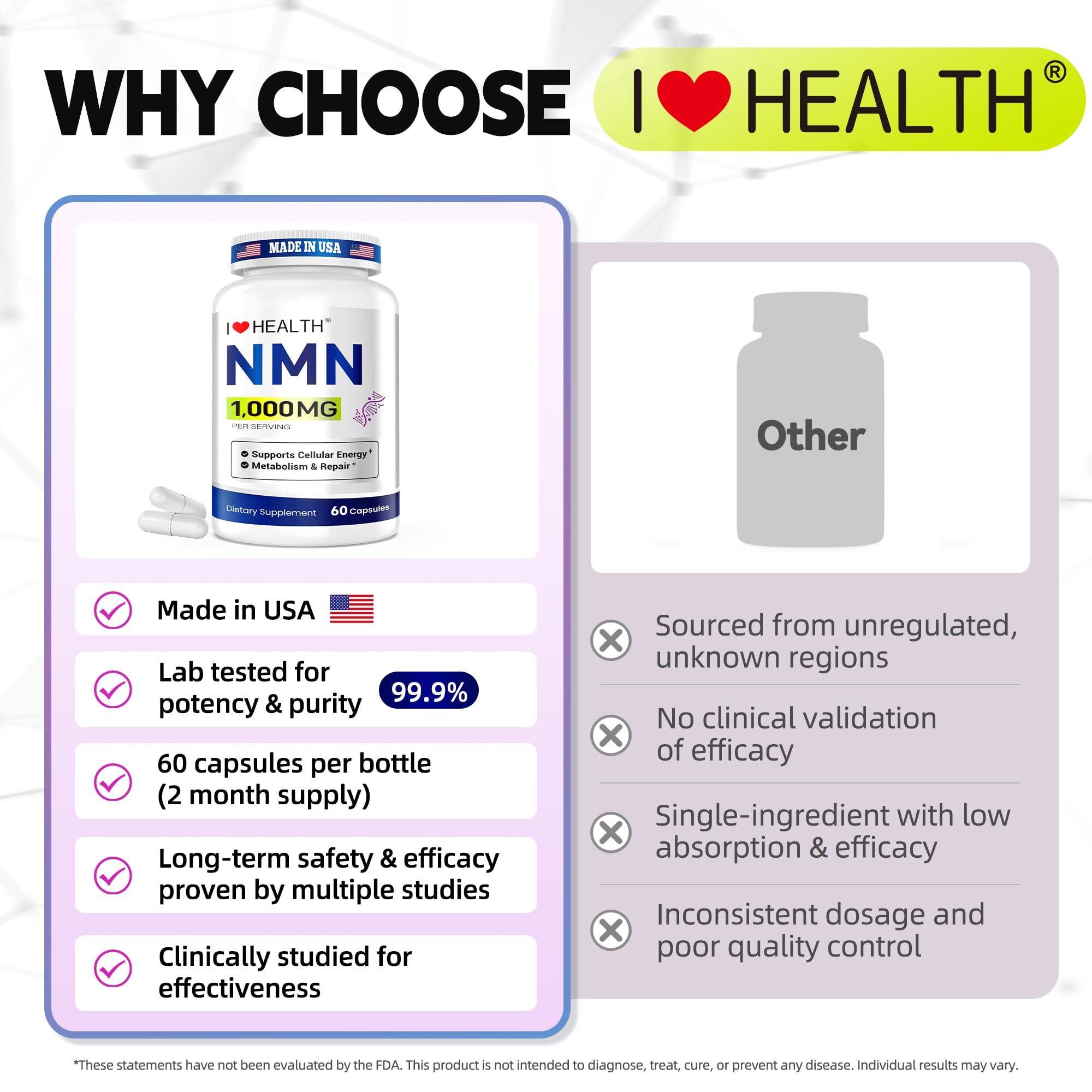 I LOVE HEALTH etiqueta con lista de ingredientes y certificación cGMP visible