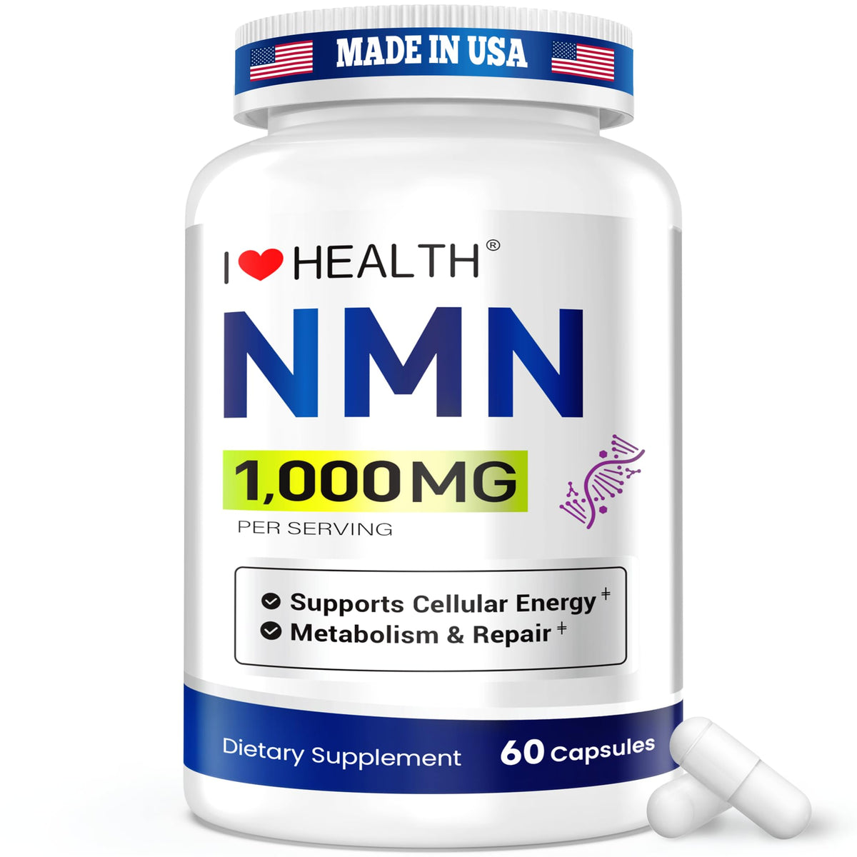 I LOVE HEALTH frasco frontal de NMN 1000 mg mostrando la etiqueta y beneficios