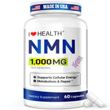 I LOVE HEALTH frasco frontal de NMN 1000 mg mostrando la etiqueta y beneficios
