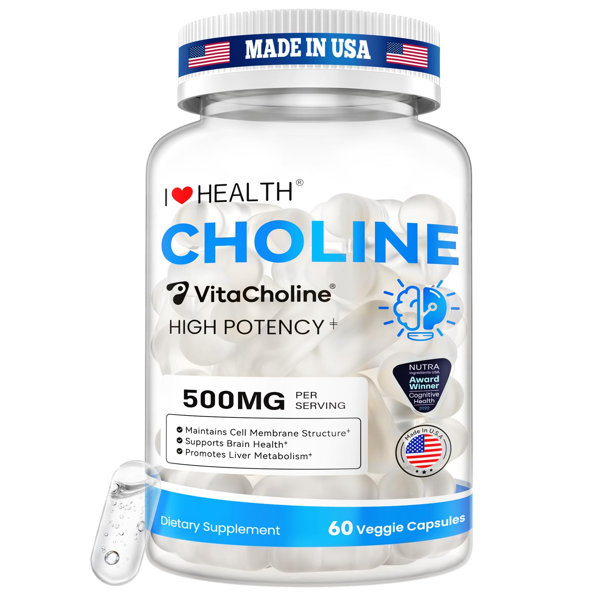 I LOVE HEALTH frasco frontal de VitaCholine mostrando diseño y cantidad