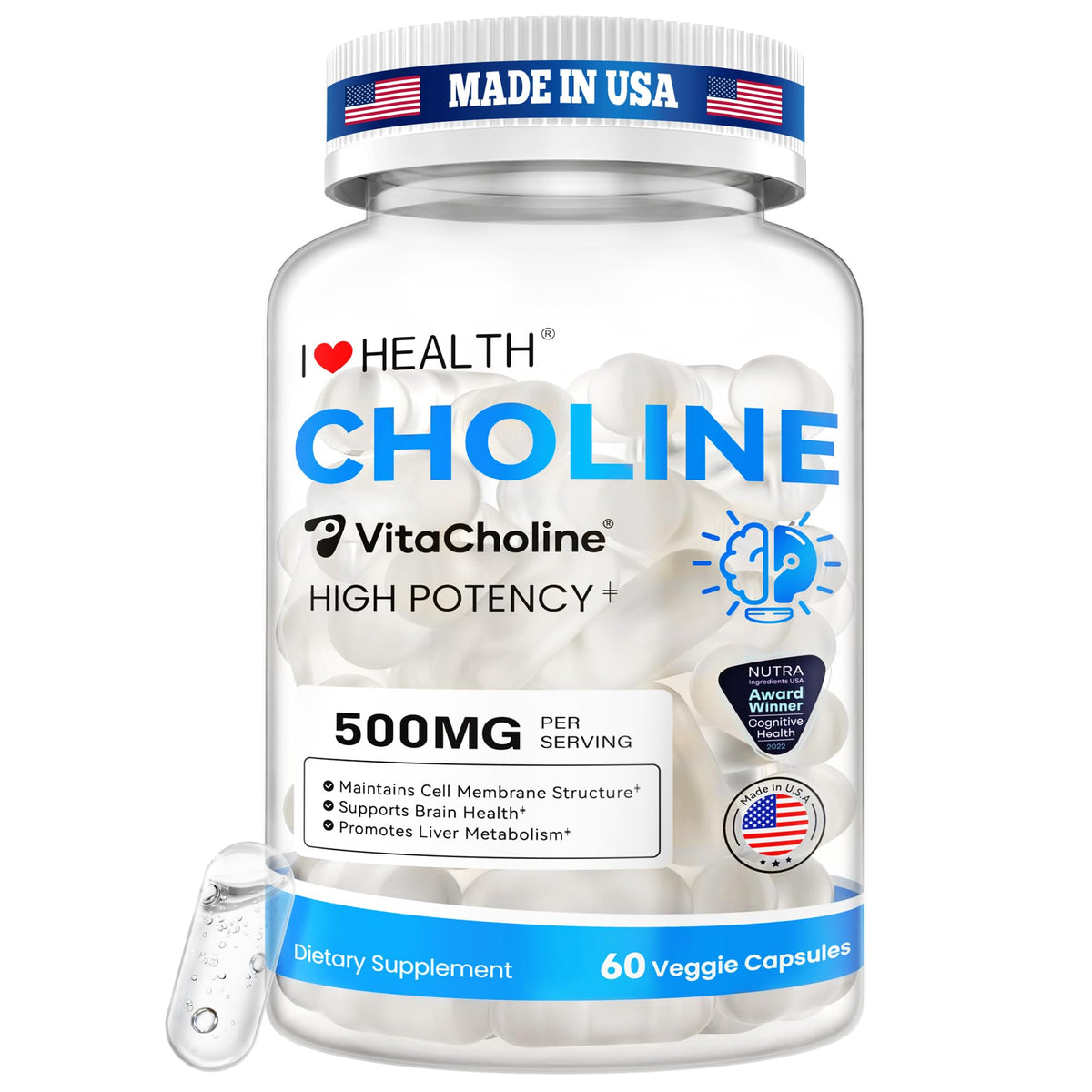 I LOVE HEALTH frasco frontal de VitaCholine mostrando diseño y cantidad