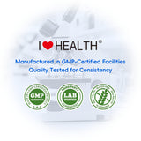 I LOVE HEALTH frasco junto a hojas verdes en escena lifestyle natural