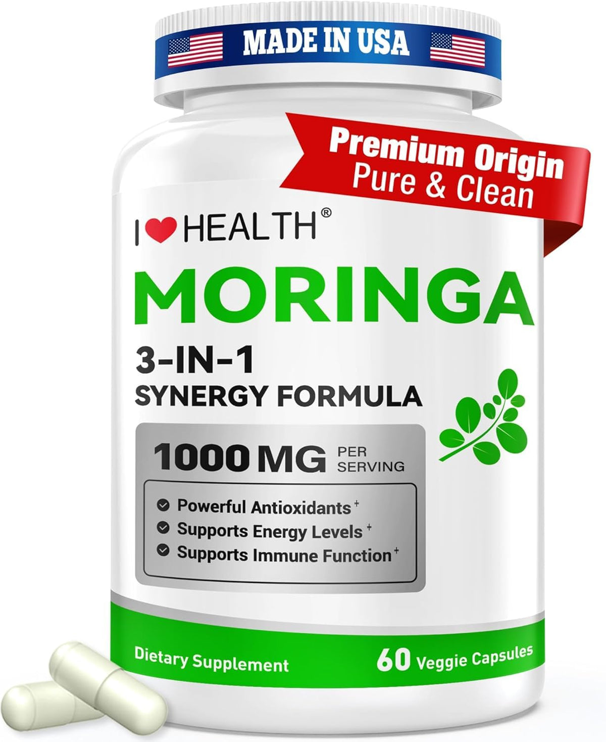 I LOVE HEALTH frasco frontal de moringa 1000 mg muestra confianza de marca