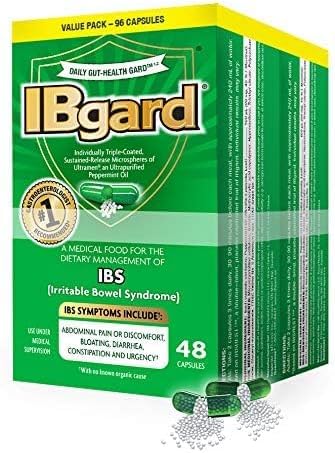 IBgard frasco y empaque frontal mostrando cápsulas y beneficios de apoyo intestinal