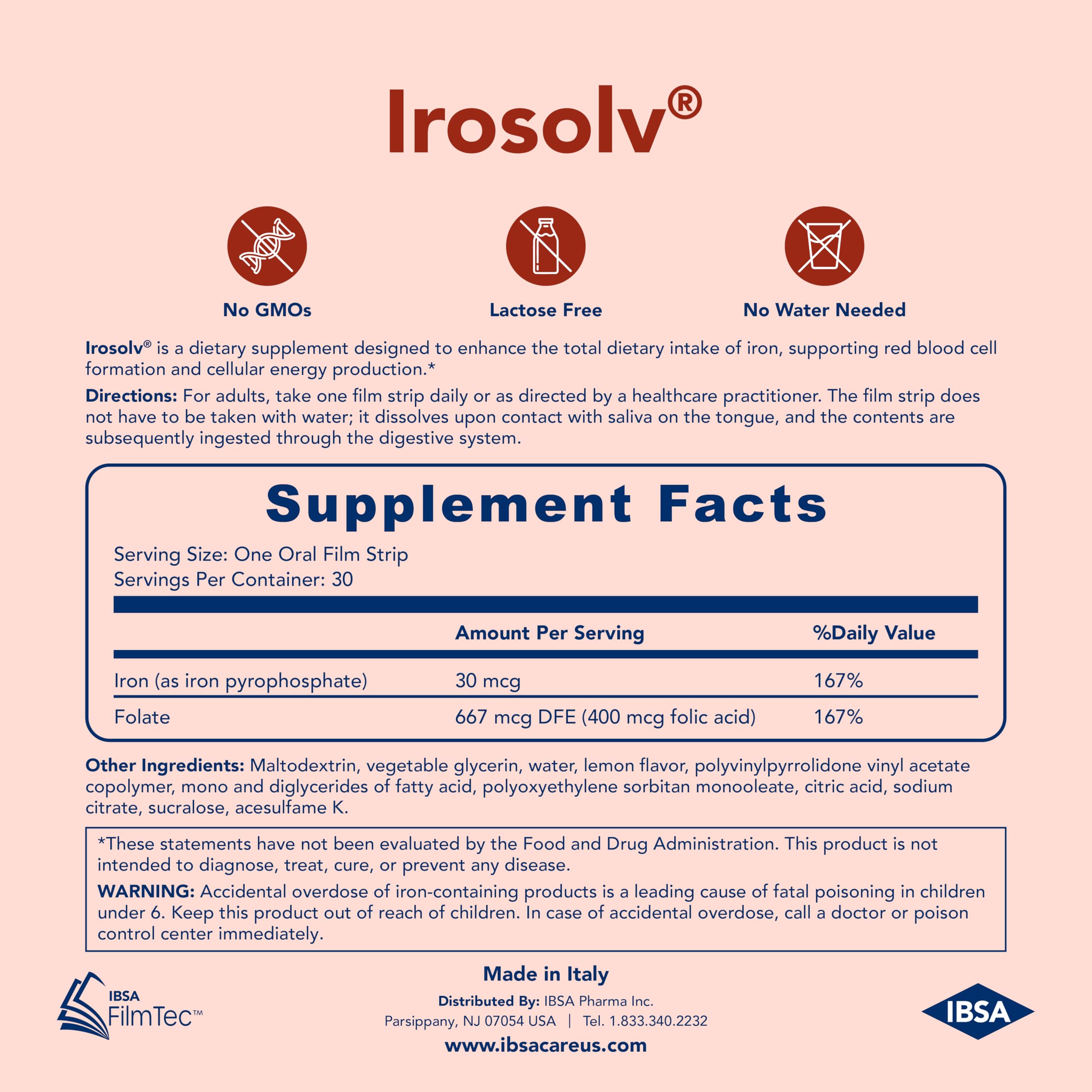 Ibsa Irosolv etiqueta nutricional detallando hierro y ácido fólico