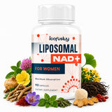 IcarusIvy frasco frontal mostrando NAD for Women y ventaja de dosis clara