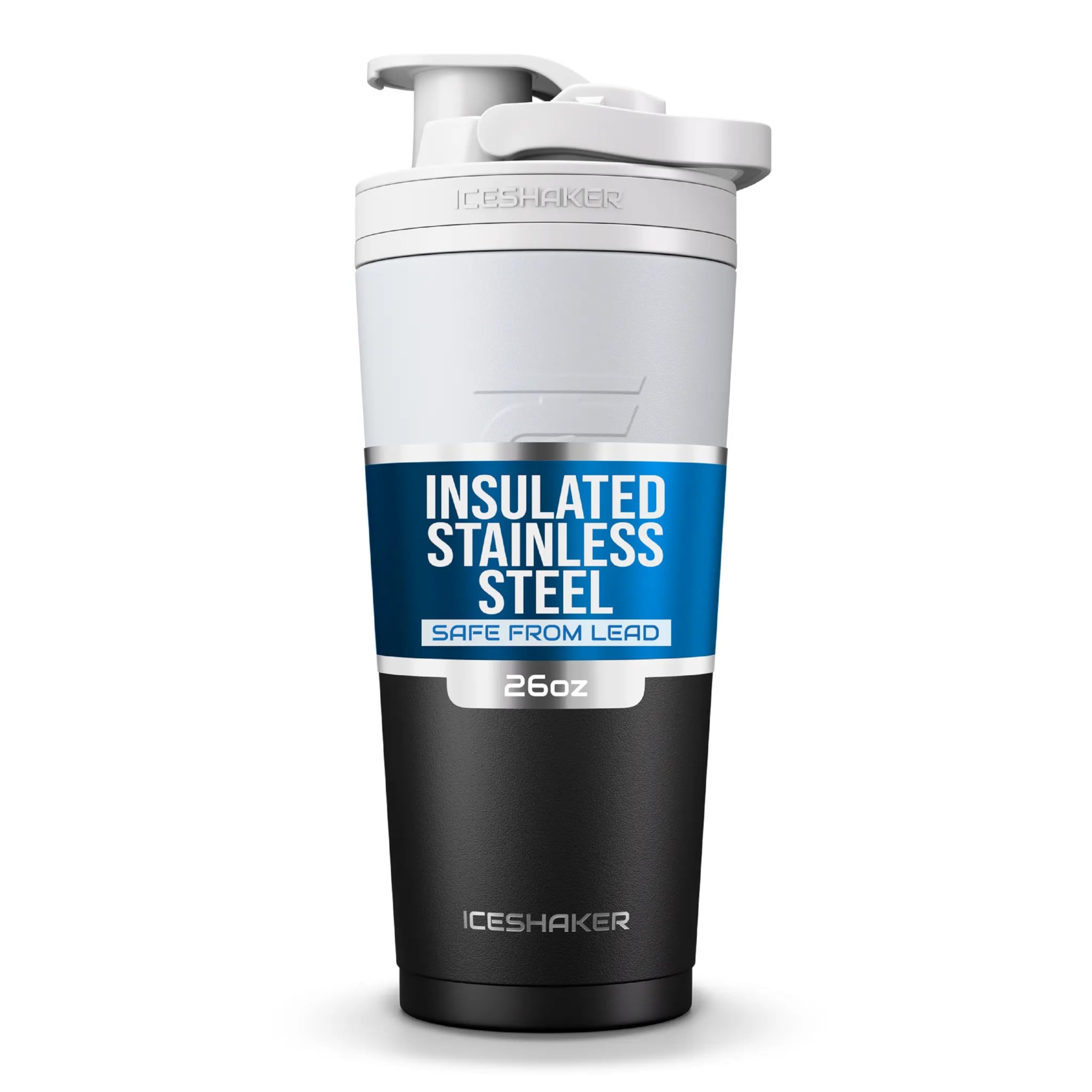 Ice Shaker botella frontal negro blanco mostrando diseño y portabilidad