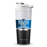 Ice Shaker botella frontal negro blanco mostrando diseño y portabilidad
