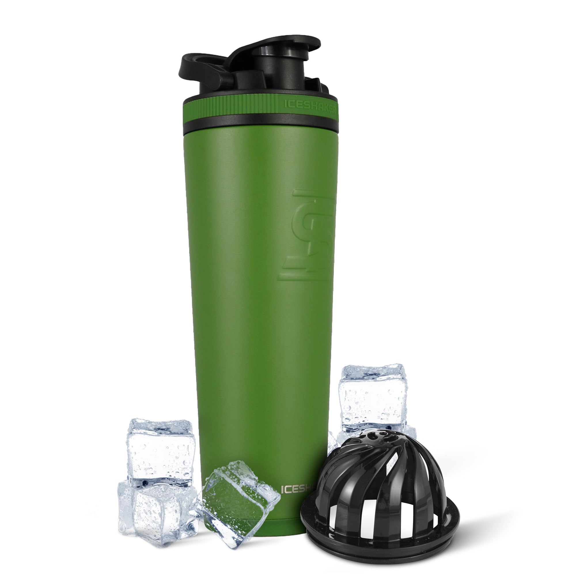 Ice Shaker frontal 32oz verde mostrando capacidad y diseño, mantén bebidas frías