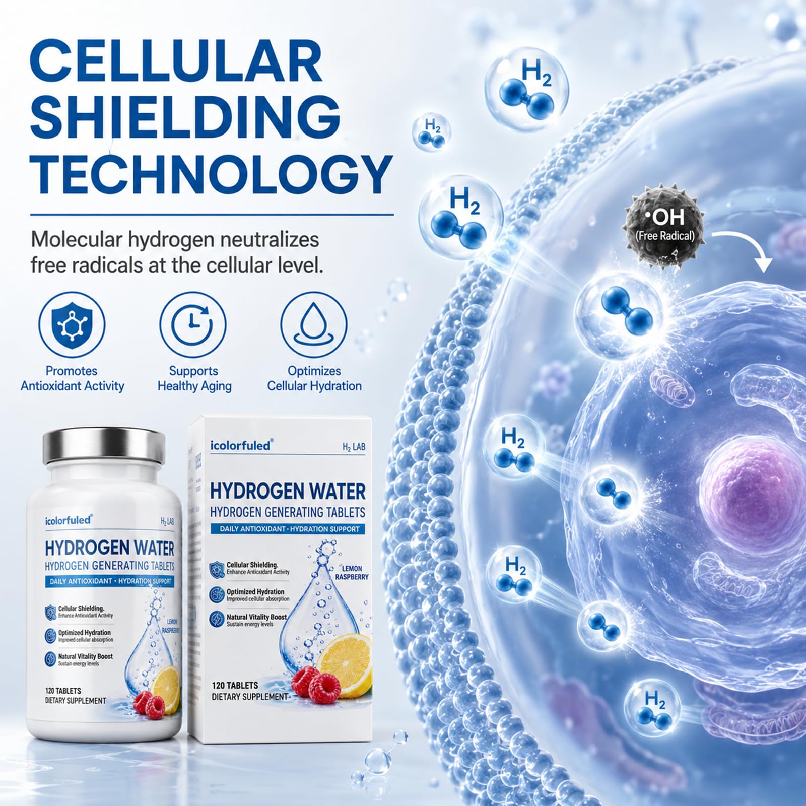 icolorfuled tableta disolviéndose en agua demostrando rápida acción