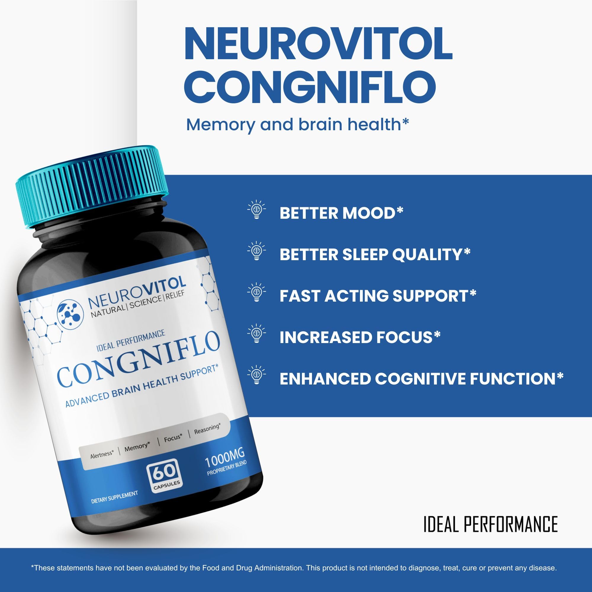 IDEAL PERFORMANCE frasco abierto NeuroVitol Cogniflo con cápsulas para fácil acceso y dosis