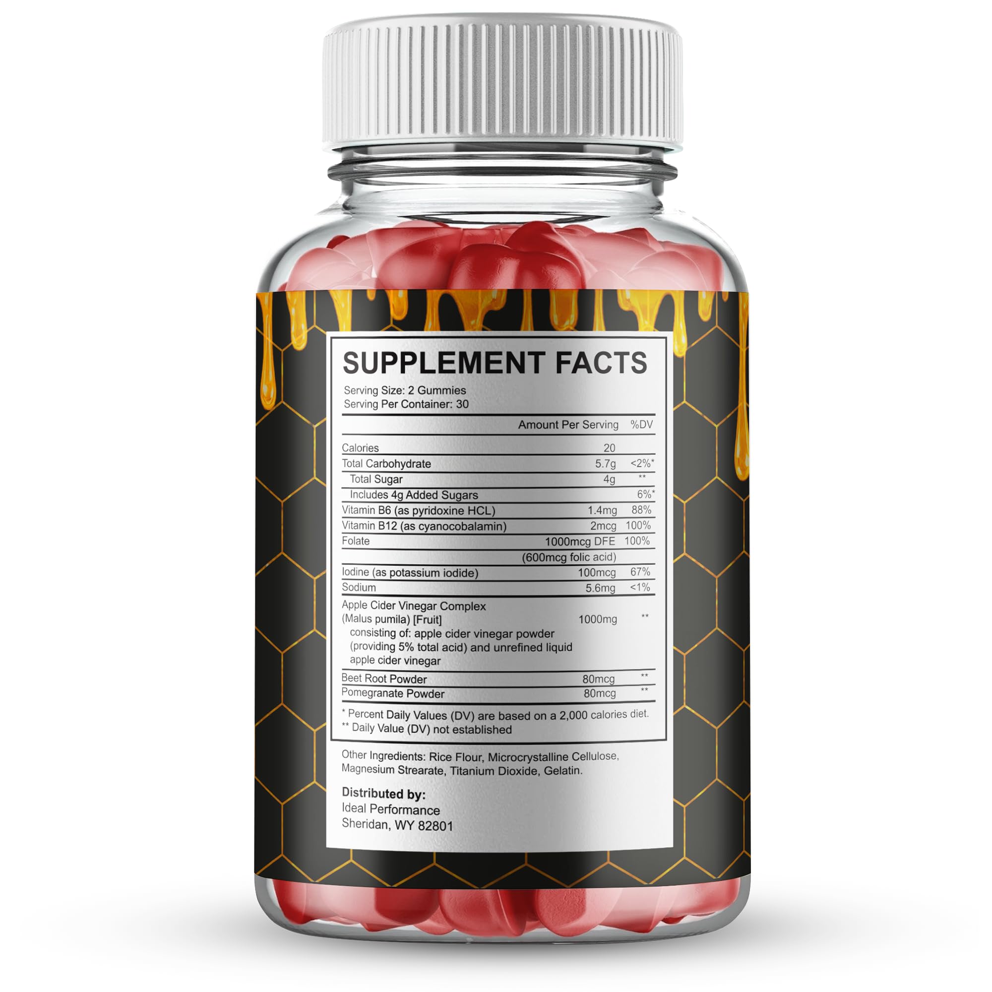 IDEAL PERFORMANCE Alpha Honey primer plano de la textura de la gomita, aspecto masticable atractivo