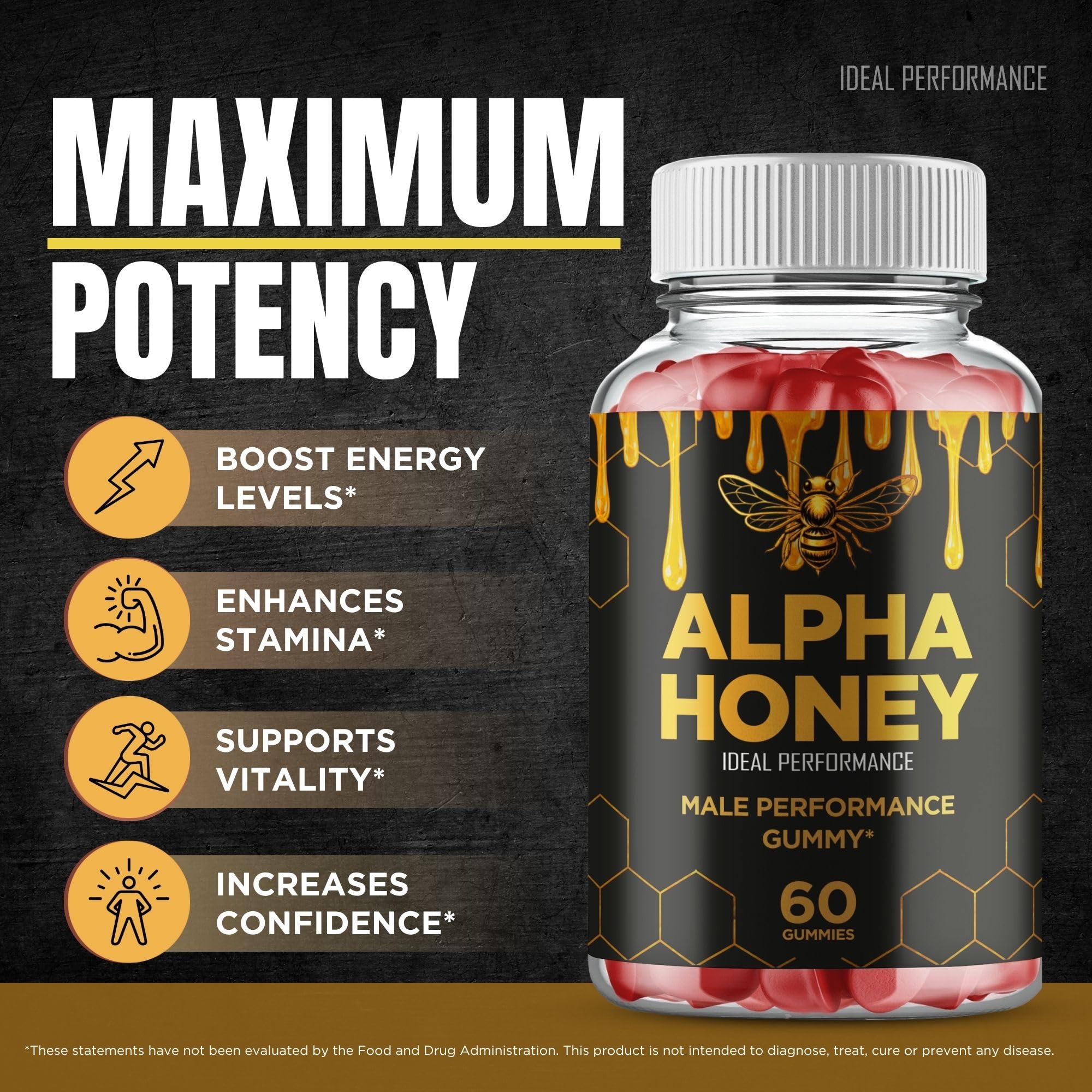IDEAL PERFORMANCE Alpha Honey gomita en mano mostrando tamaño real y portabilidad
