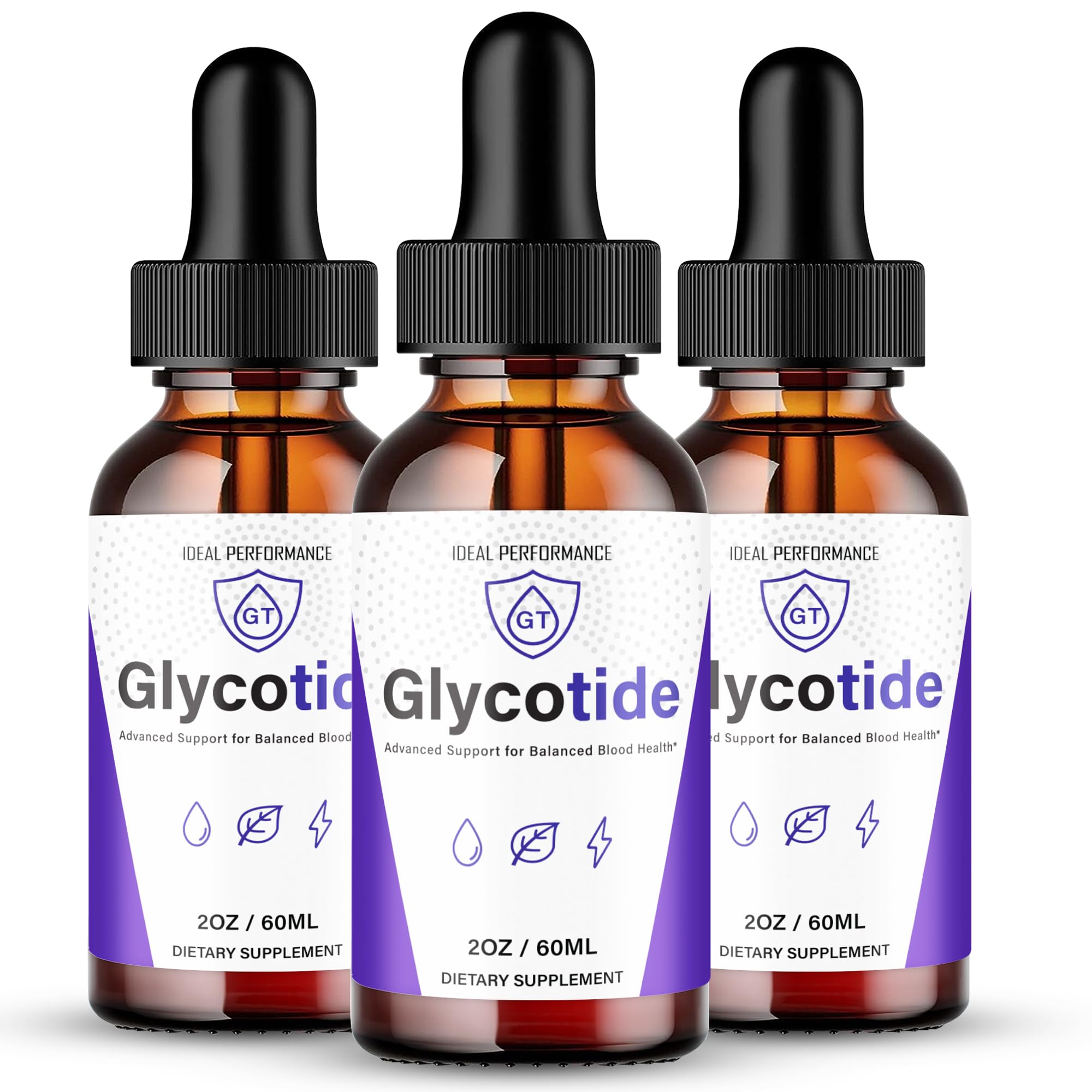 IDEAL PERFORMANCE frasco frontal de Glycotide Drops mostrando etiqueta clara y práctico envase