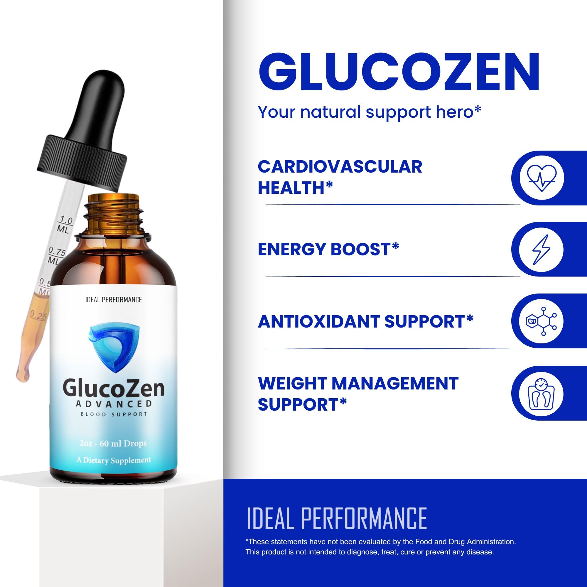 IDEAL PERFORMANCE Glucozen en uso vertiendo gotas en una bebida para ingestión práctica