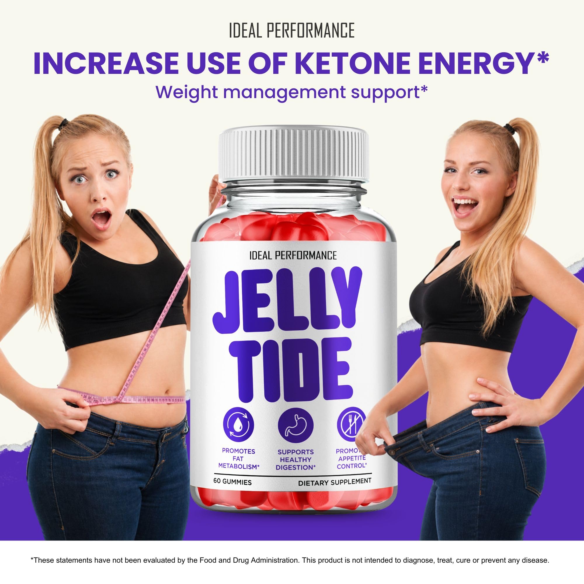 IDEAL PERFORMANCE Jelly Tide comparación de tamaño del frasco junto a objetos cotidianos