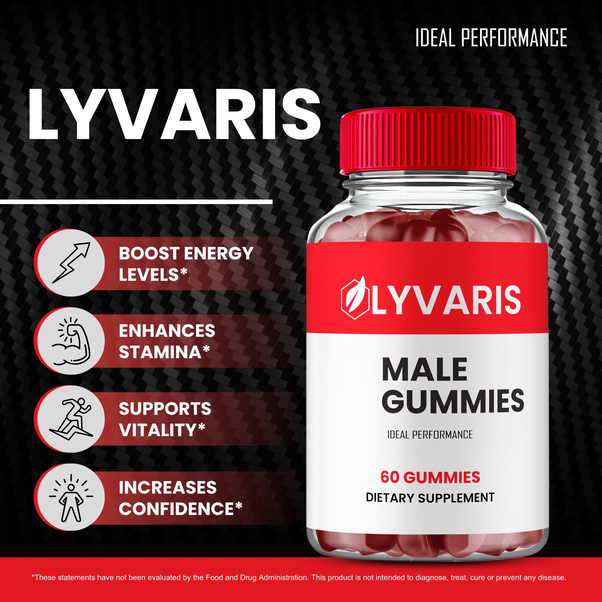 IDEAL PERFORMANCE Lyvaris varias gomitas desplegadas para visualizar cantidad