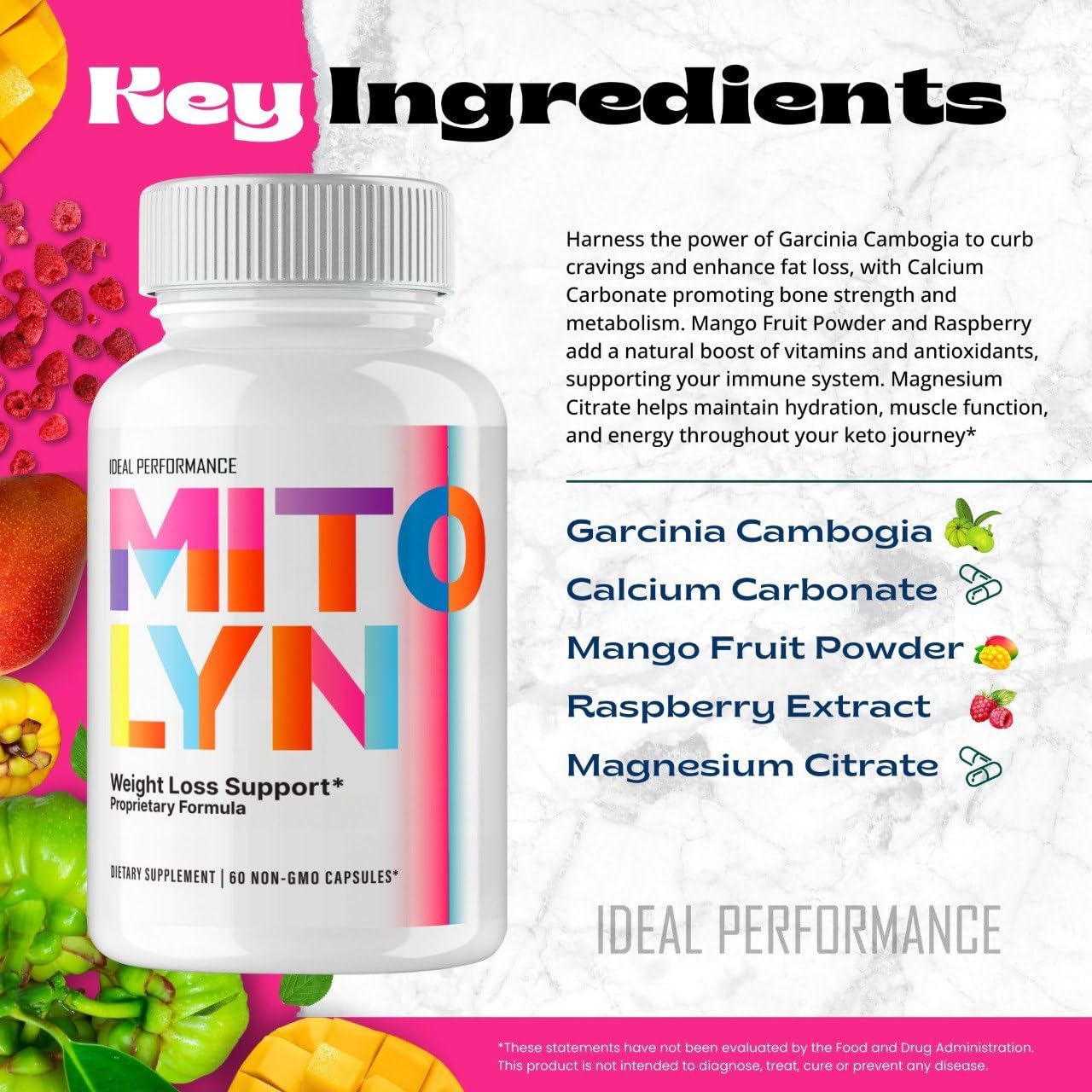IDEAL PERFORMANCE Mitolyn comparación tamaño para referencia de dosis práctica