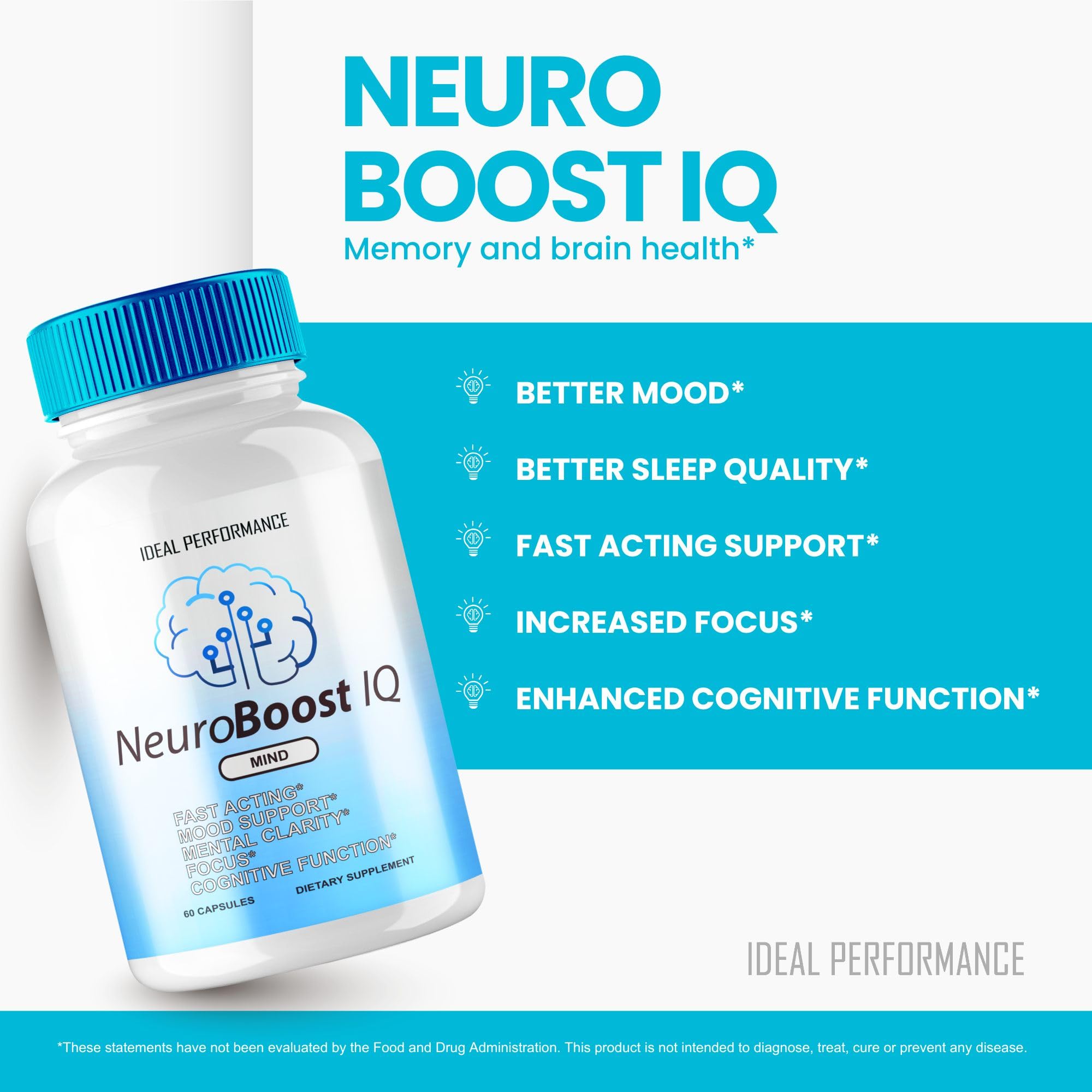 IDEAL PERFORMANCE Neuro Boost IQ cápsulas apiladas mostrando textura y fácil ingestión