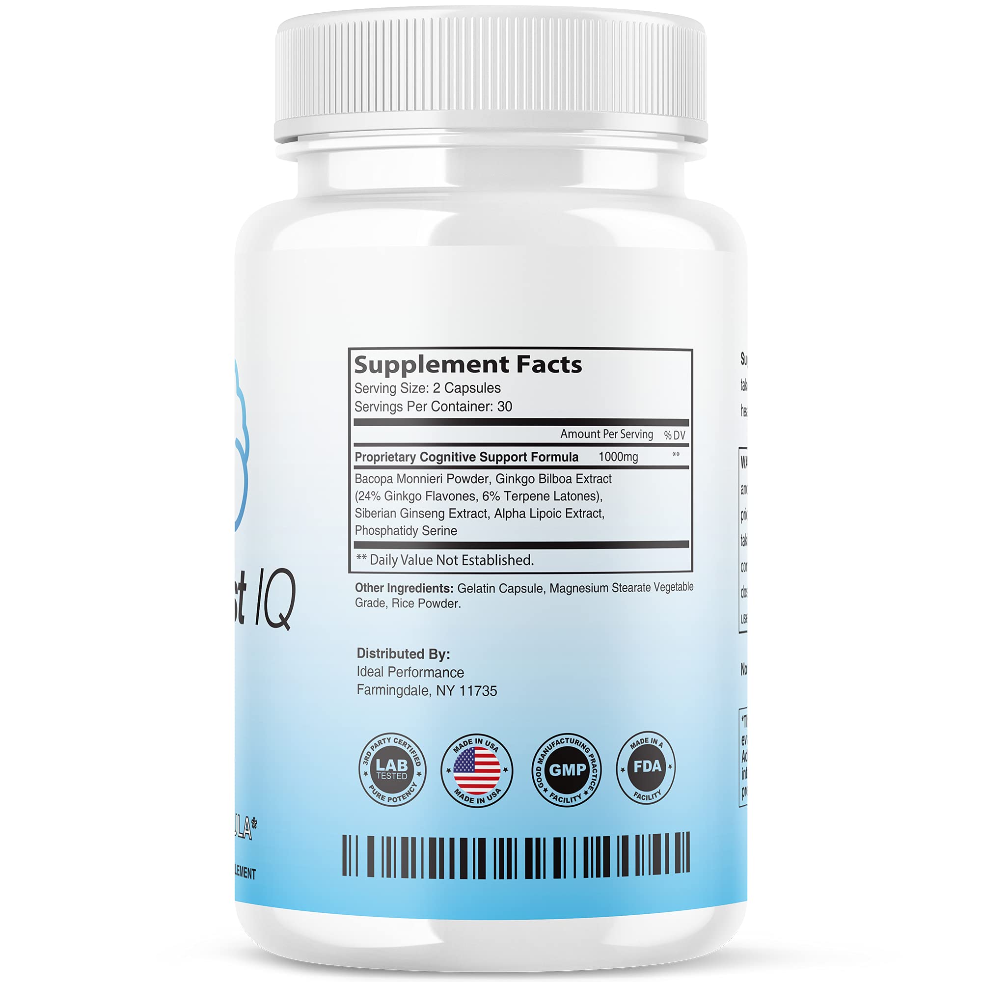 IDEAL PERFORMANCE Neuro Boost IQ etiqueta en primer plano con ingredientes destacados