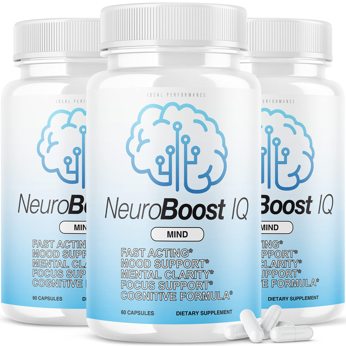 IDEAL PERFORMANCE Neuro Boost IQ frontal mostrando el envase y beneficios visuales