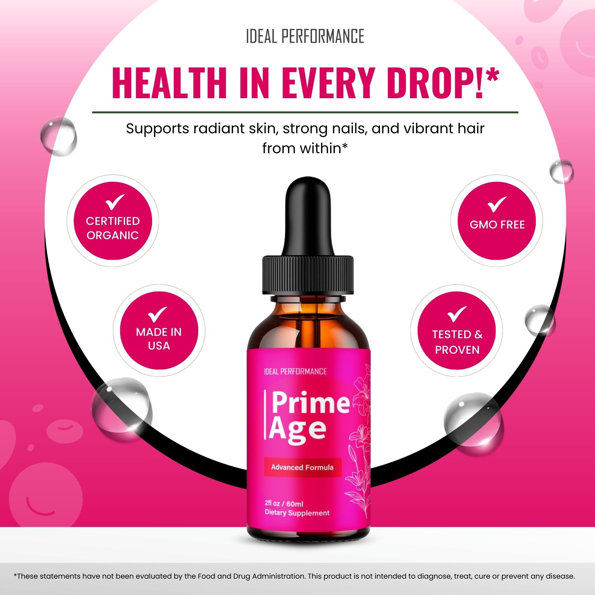 IDEAL PERFORMANCE Prime Age Drops comparación de tamaño del envase para evaluar duración