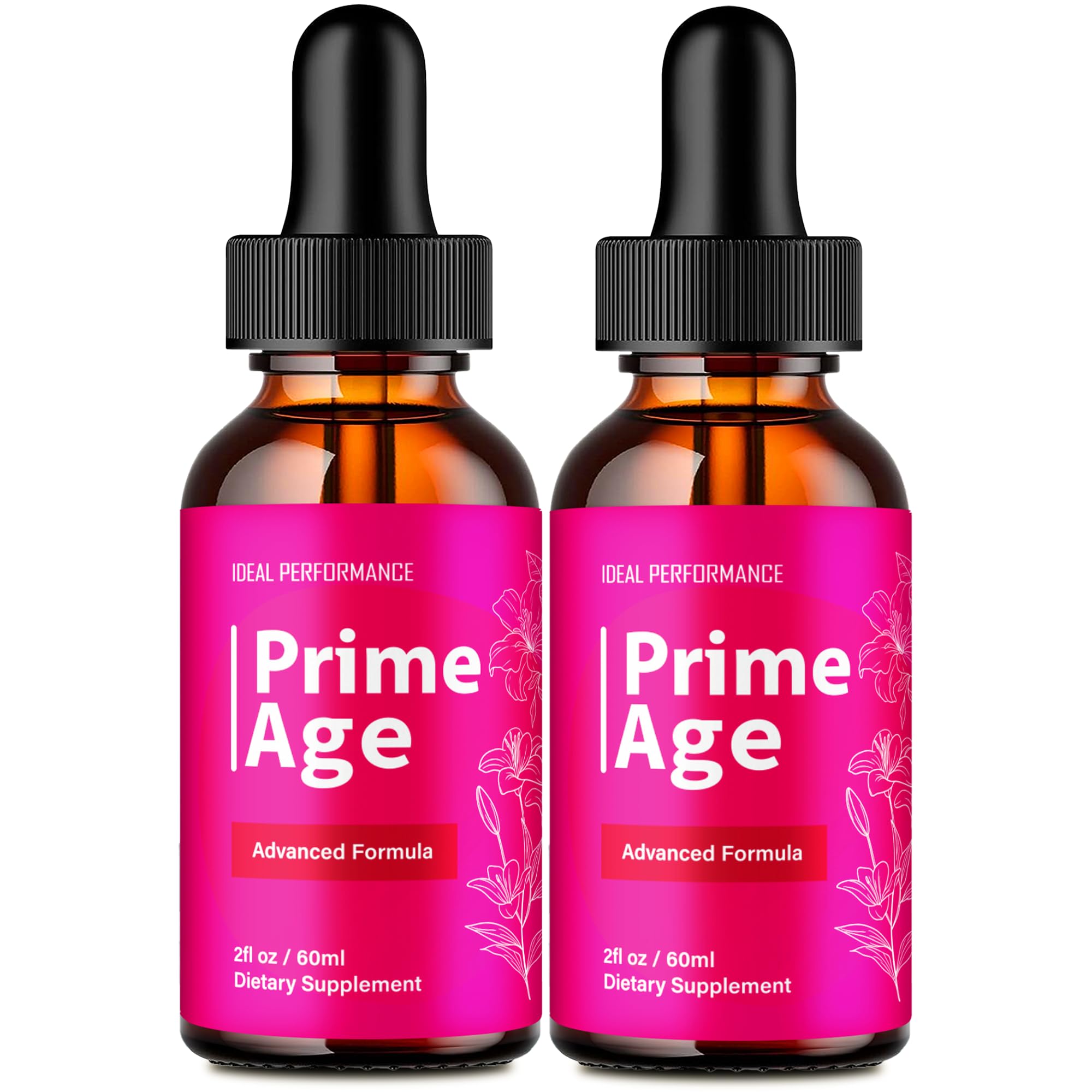 IDEAL PERFORMANCE Prime Age Drops vista frontal del pack y envases, muestra beneficio de conveniencia