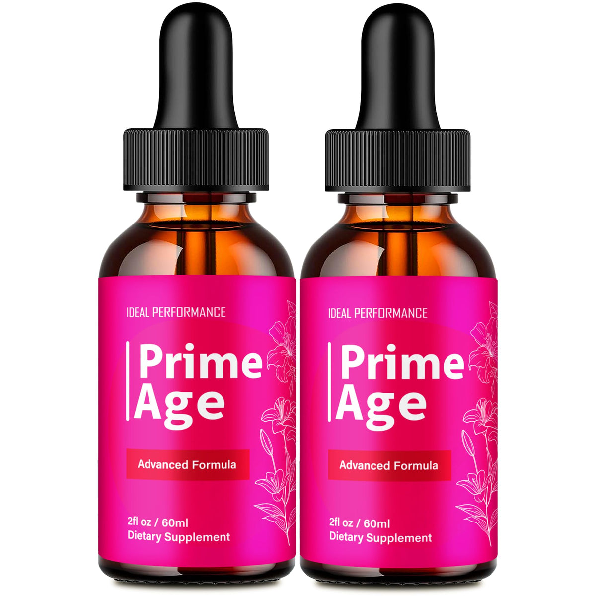 IDEAL PERFORMANCE Prime Age Drops vista frontal del pack y envases, muestra beneficio de conveniencia