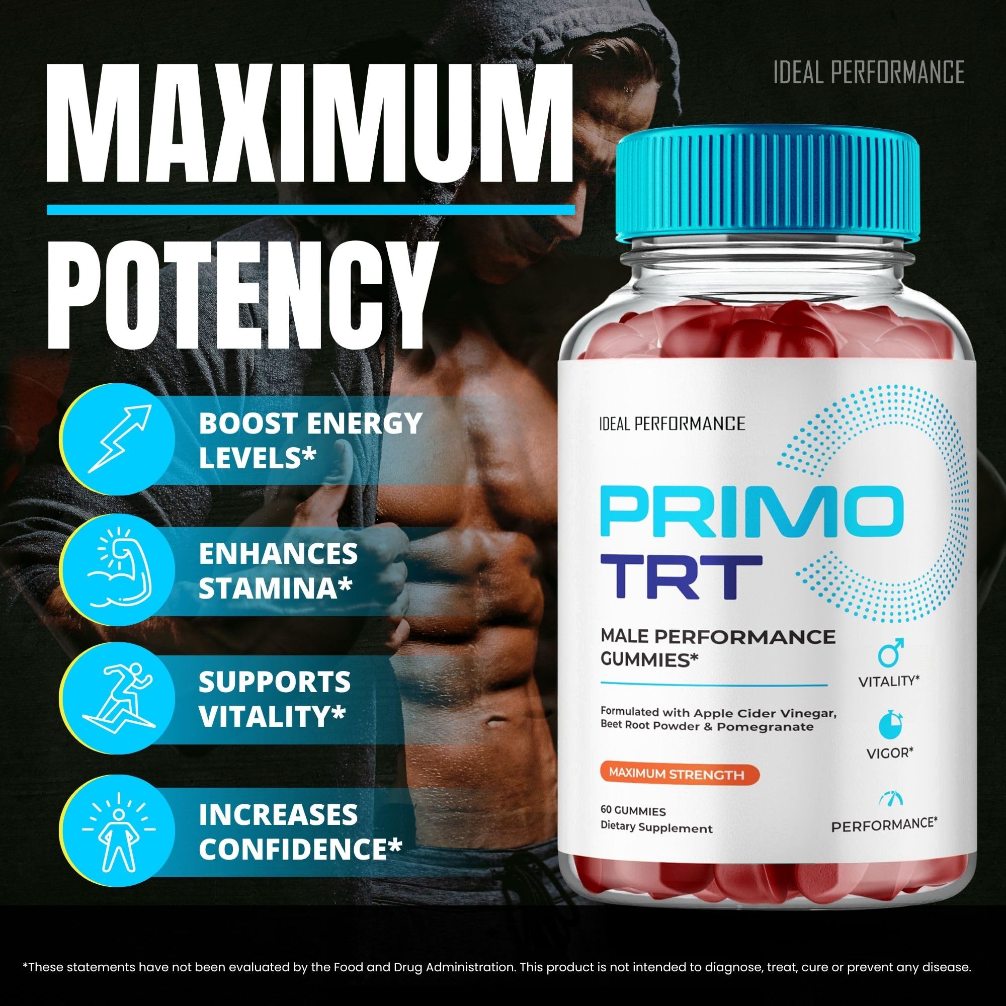 IDEAL PERFORMANCE Primo TRT Gummies gominola en mano mostrando escala y facilidad de consumo