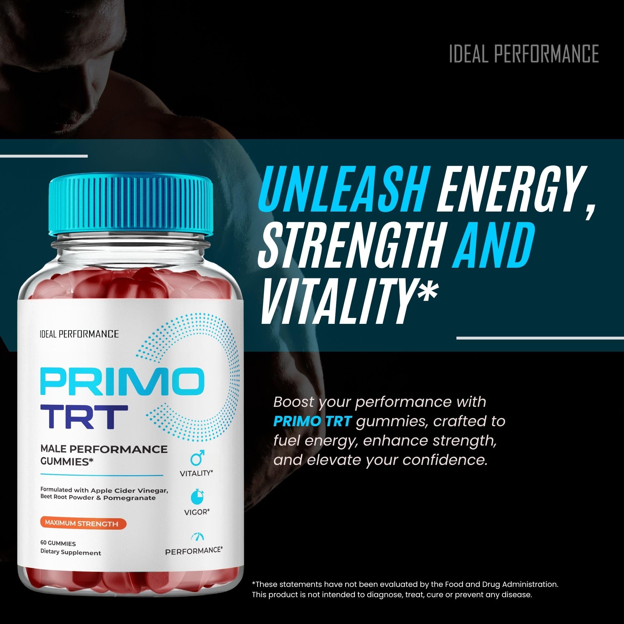 IDEAL PERFORMANCE Primo TRT Gummies etiqueta con lista de ingredientes y uso recomendado visible