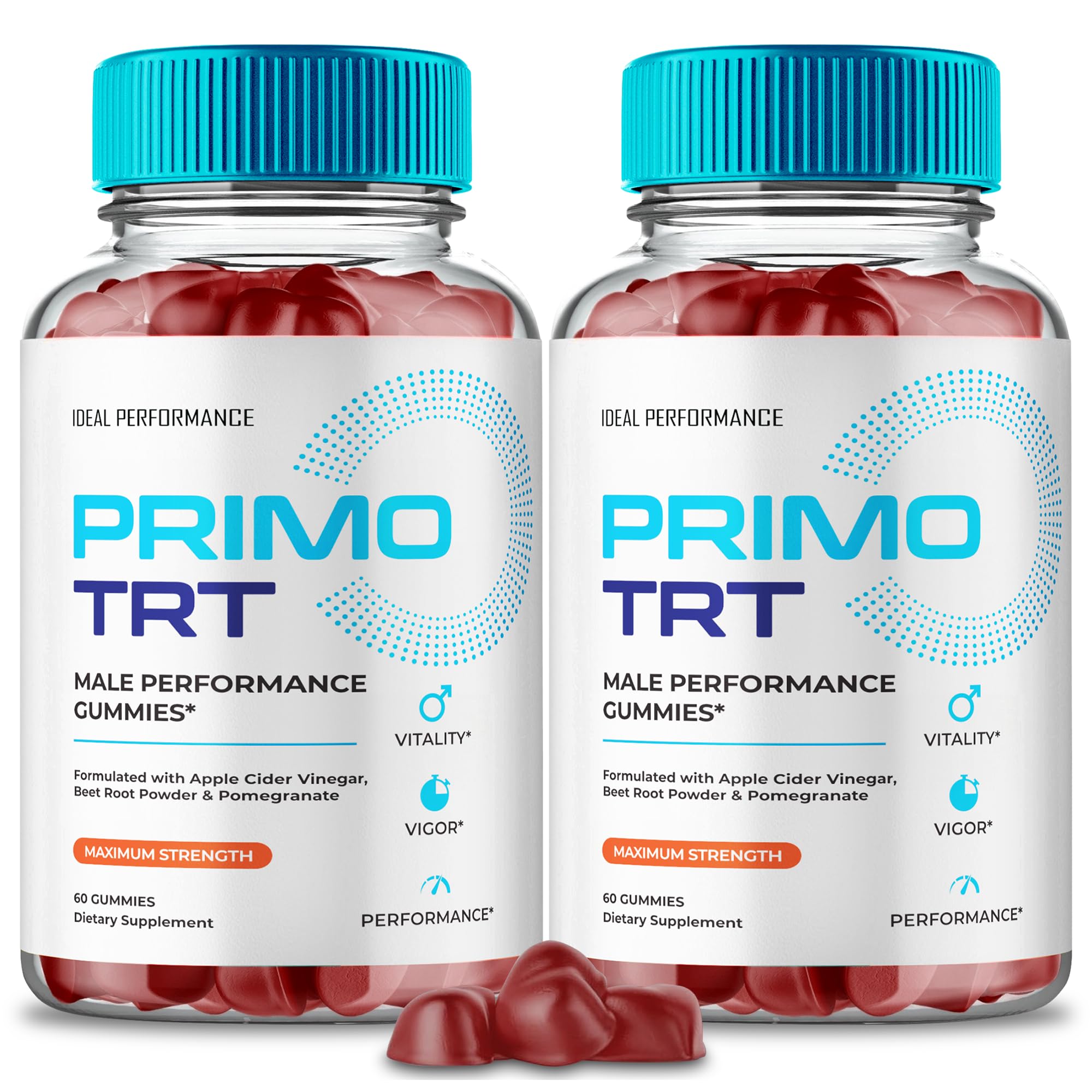 IDEAL PERFORMANCE Primo TRT Gummies vista frontal del envase mostrando la marca y beneficio práctico