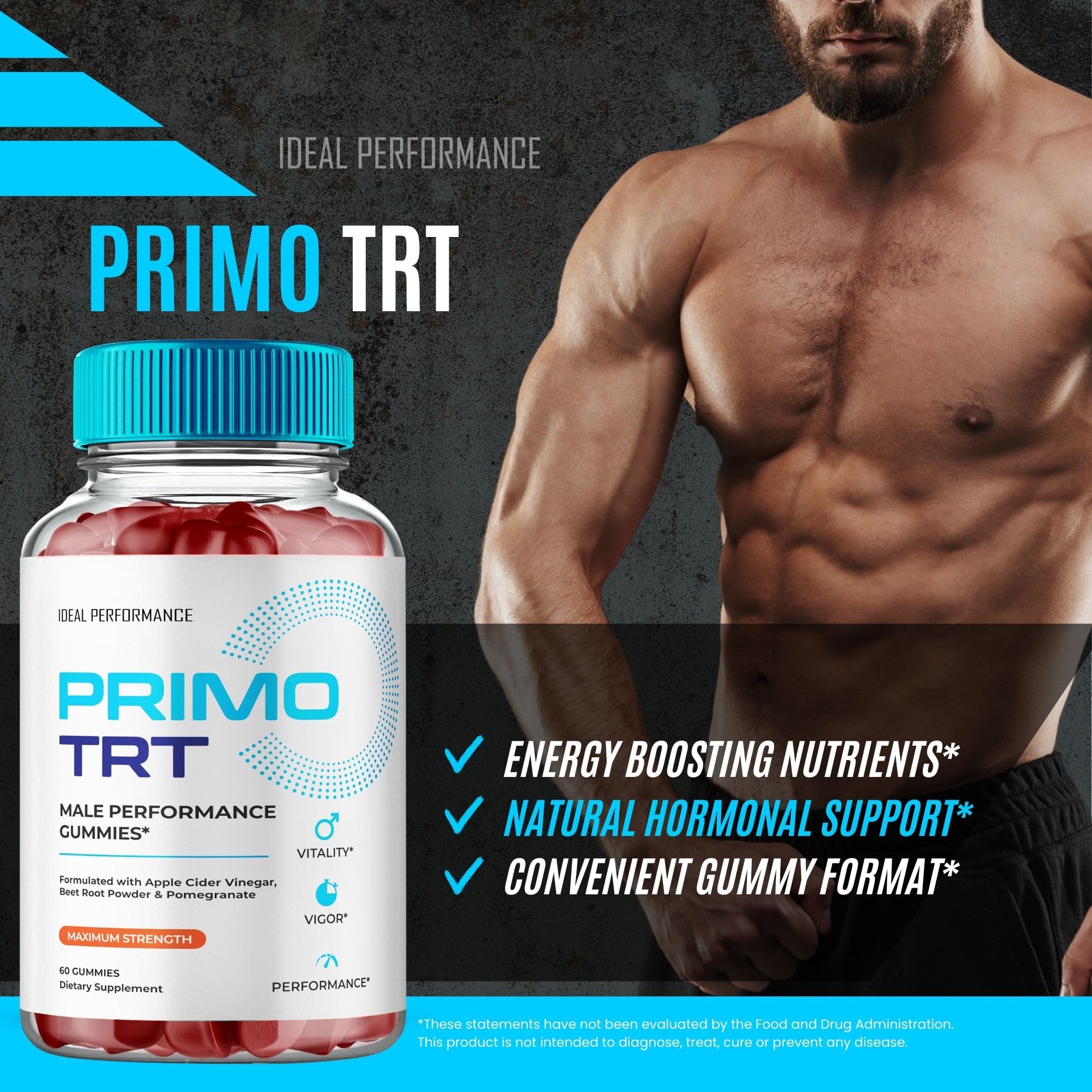 IDEAL PERFORMANCE Primo TRT Gummies atleta tomando una gominola tras el entrenamiento