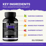 IDEAL PERFORMANCE cápsulas SlimTide junto a un vaso de agua demostrando uso diario
