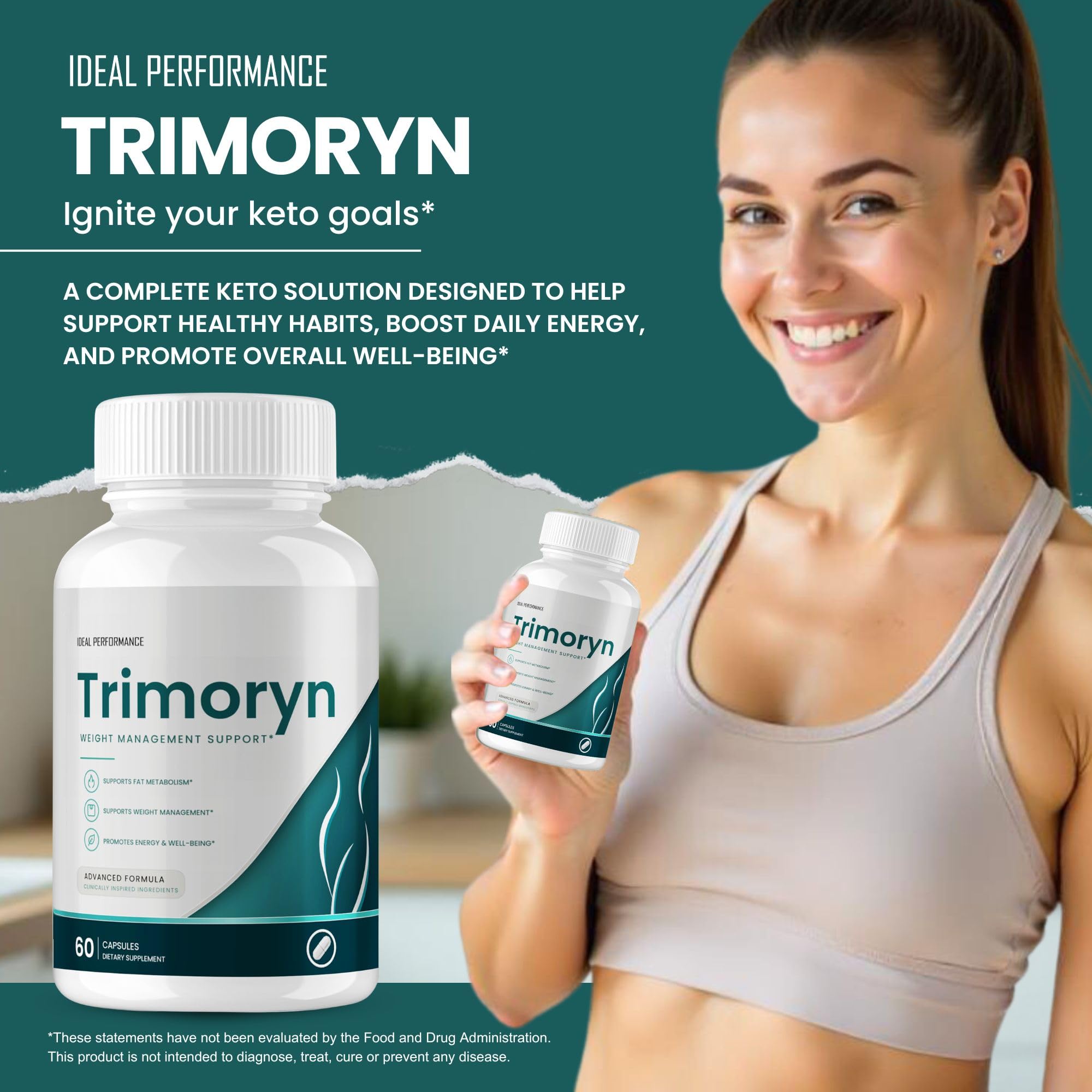IDEAL PERFORMANCE Trimoryn en mano escala real para valorar tamaño del frasco