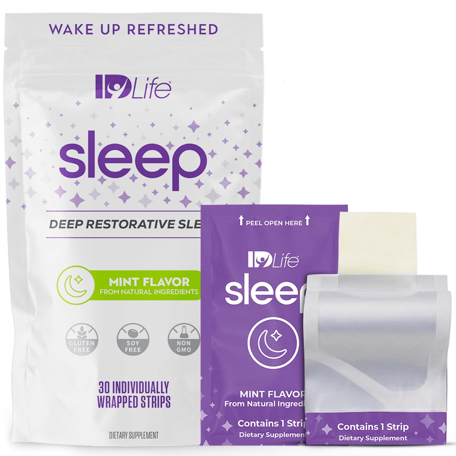IDLife Sleep frente del envase mostrando 30 tiras y beneficios de portabilidad