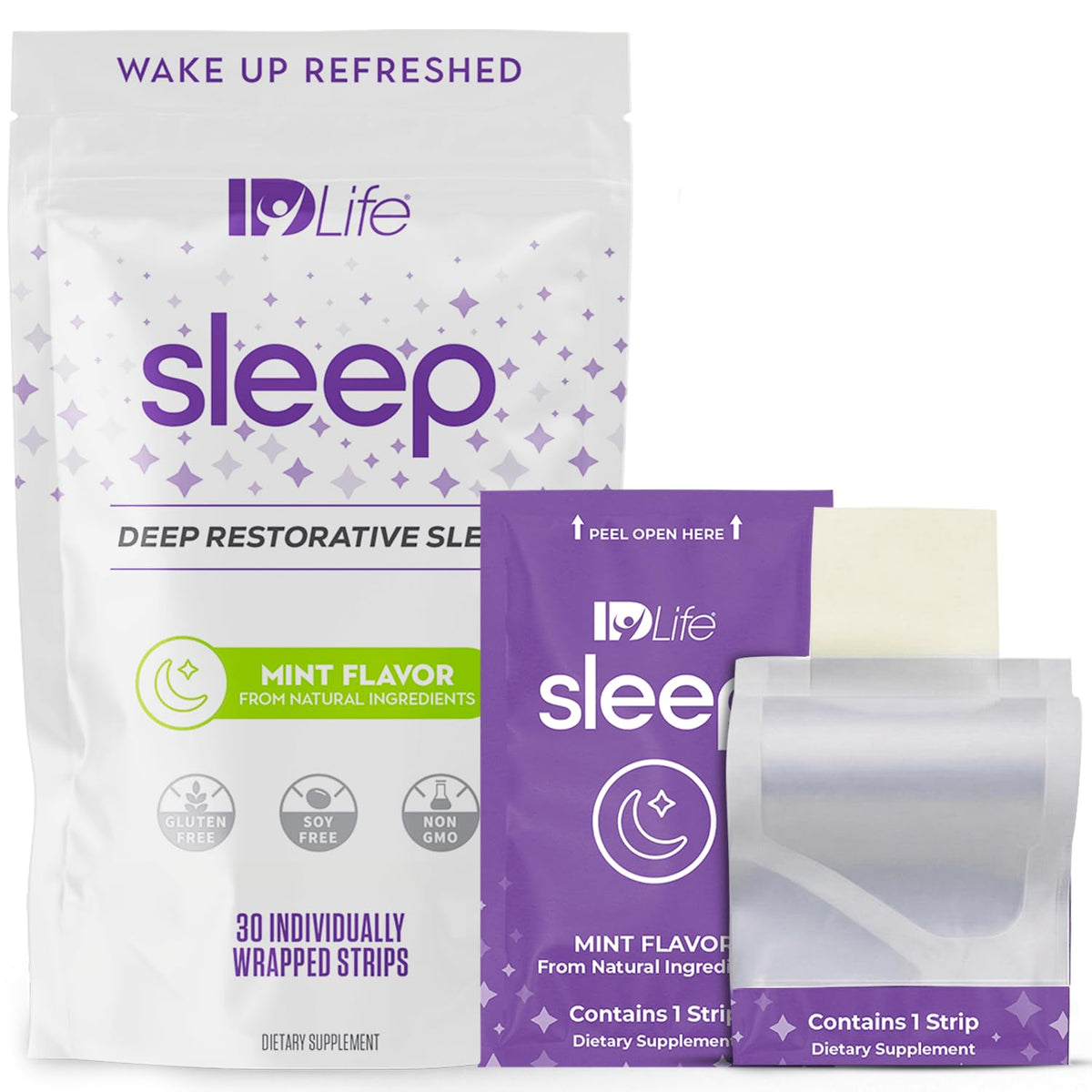 IDLife Sleep frente del envase mostrando 30 tiras y beneficios de portabilidad