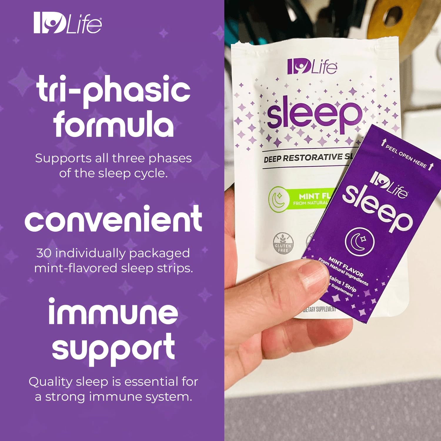 IDLife Sleep tira en la lengua en uso para conciliar el sueño fácilmente