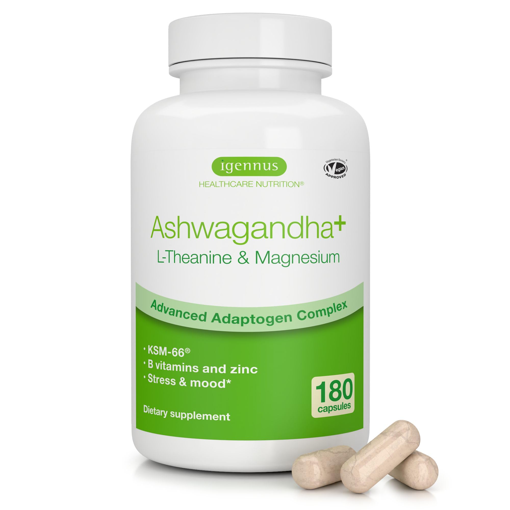 Igennus frasco frontal mostrando fórmula de ashwagandha KSM‑66 y magnesio beneficioso