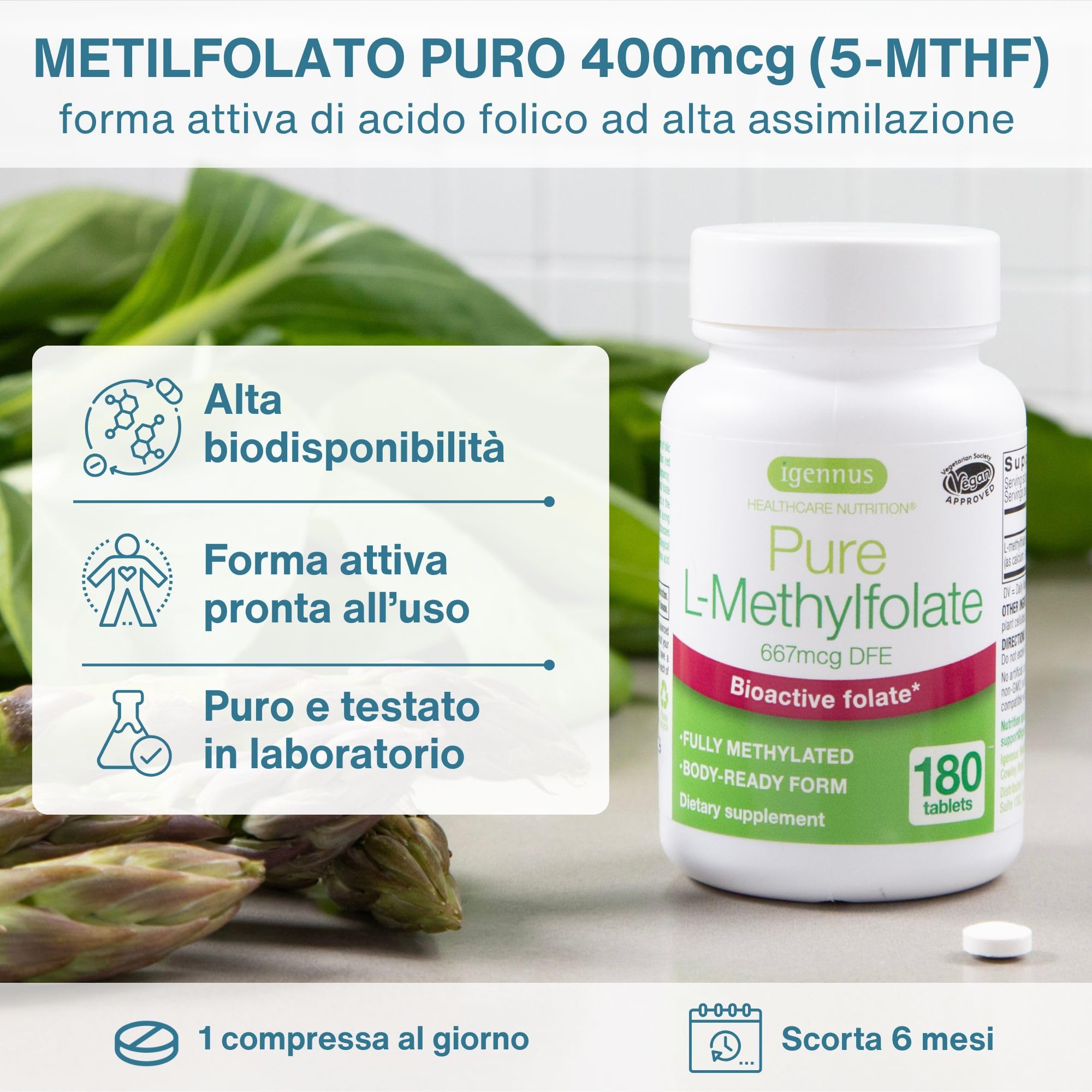 Igennus etiqueta en foco, destaca dosis 400 mcg y claridad de ingredientes