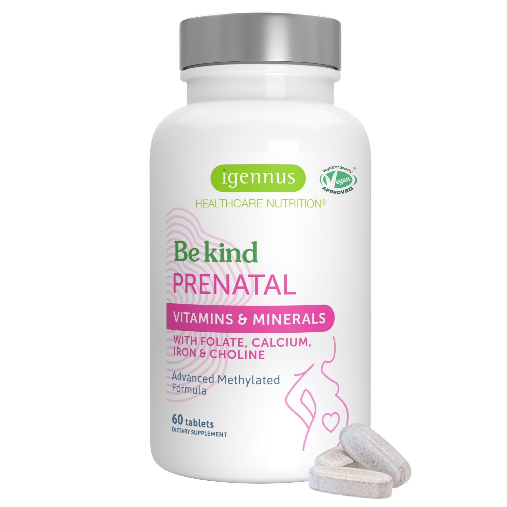 Igennus frasco frontal mostrando formulación prenatal y folato metilado para nutrición segura