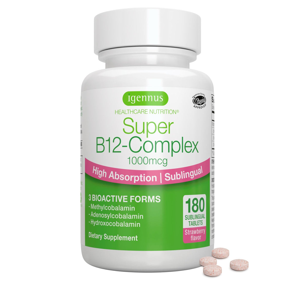 Igennus envase frontal mostrando B12 1000mcg y 180 tomas, confianza en la etiqueta