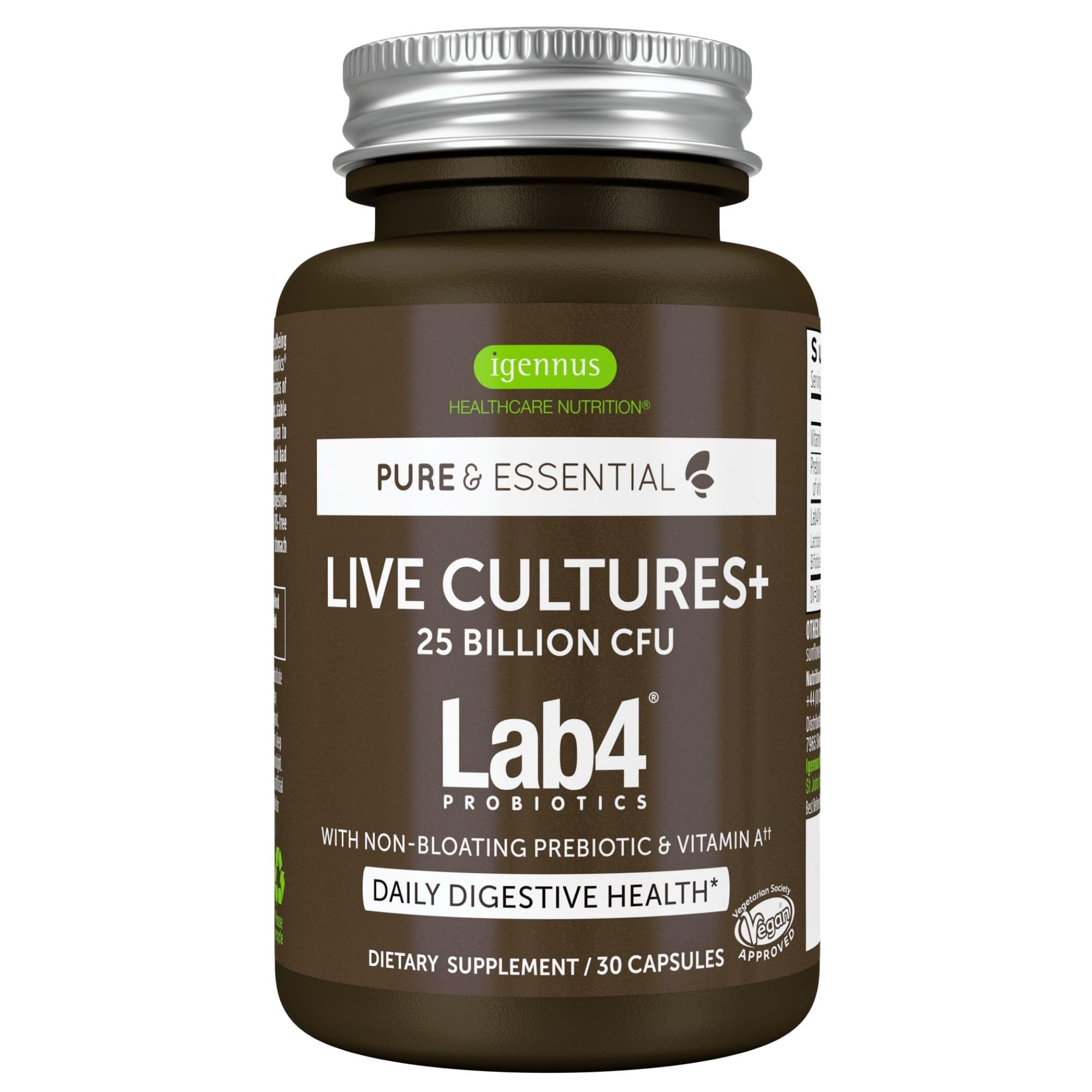 Igennus envase frontal Live Cultures+ mostrando etiqueta clara y beneficio vegano